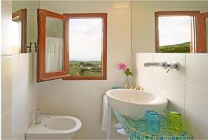 波吉奥的圣多纳托Apartment in B&B Del Giglio的一间带水槽和卫生间的浴室以及两个窗户。
