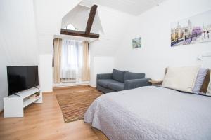 特伦钦Penzión Branecky的一间卧室配有一张床、一台电视和一张沙发