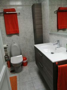 莫罗德哈布雷Morro Mar的浴室设有卫生间、水槽和红色毛巾。