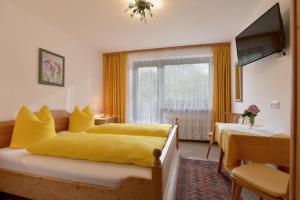 迈尔霍芬特劳德尔旅馆的一间卧室配有两张带黄床单的床和电视。