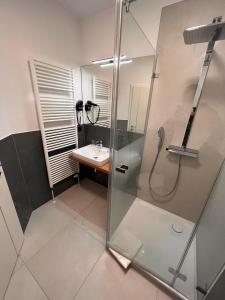 汉诺威艾玛迪斯餐厅酒店的带淋浴和盥洗盆的浴室