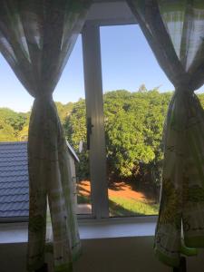 德班Modern Rustic Durban Apartment的窗户配有窗帘,享有庭院的景致
