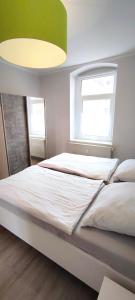 普劳恩Ferienwohnung am Birkenwäldchen的卧室配有一张大白色床和窗户
