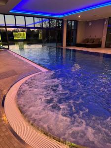 布尔格Landhotel Burg im Spreewald - Resort & Spa的大楼内带蓝色灯光的大型游泳池