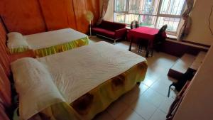 赫雷斯加西亚萨利纳斯OYO Posada Santa Cecilia, Jerez Zacatecas的一间卧室配有一张床、一张桌子和一个窗户。