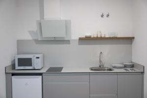 莱昂PALACIO REAL HOSTEL的白色的厨房配有微波炉和水槽
