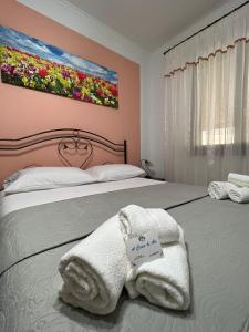 圣塔马里亚迪卡斯特a casa di Ale的一间卧室配有两张带毛巾的床和墙上的绘画