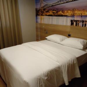蓬塔格罗萨Hotelog Tibagi的卧室内的一张大白色床,享有桥梁的景致