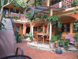 帕纳哈切尔Hospedaje El Viajero的户外庭院配有桌椅和植物。