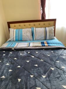 MeruJoshua’s place: cosy furnished one bedroom apt的一张带蓝色被子和枕头的床