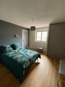 卢尔德MAISON DE VILLE AVEC GARAGE ET TERRASSE的一间卧室配有一张带蓝色棉被的床