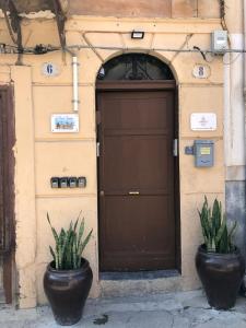 巴勒莫La Piccola Formica Charme Rooms的两个盆栽植物坐在车库前
