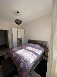 采蒂涅Apartmani Vila的一间小卧室,配有一张带紫色毯子的床