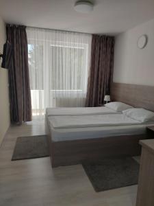 布雷亚扎Hotel Breaza的一间卧室设有一张大床和一个窗户。