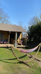 卢特伦Safari lodge tent op prachtige plek的房屋前草地上的吊床