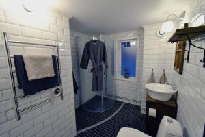 菲奈斯达伦Skars Lodge / North Mountain Lodge的浴室设有水槽,墙上挂着西装