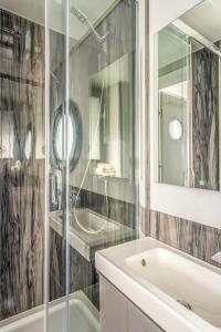 哈特姆Tiny Hanzeboat的带淋浴、盥洗盆和镜子的浴室