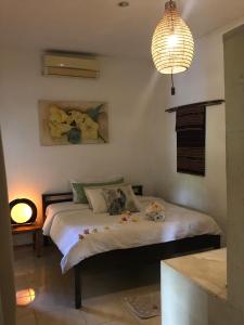 圣吉吉Frangipani Garden Villa的一间卧室配有一张床和一个吊灯
