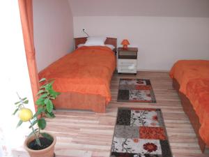 GyőrújbarátJóbor Vendégház的一间卧室配有两张床和两块地毯。
