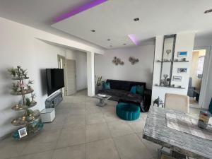 萨尔雷Luxury Beachhouse Apartment Boa Vista的客厅配有黑色沙发和圣诞树
