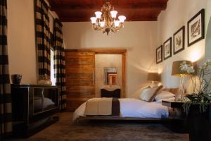 开普敦Bloemendal Wine Estate Accommodation的一间卧室配有一张床和一个吊灯