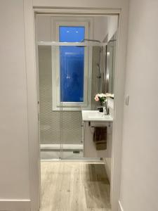 毕尔巴鄂Bilbao Azkuna Home Centro EBI01832的带淋浴和盥洗盆的浴室以及窗户。