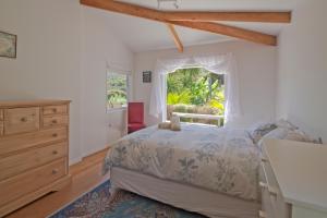 TryphenaFrosty's Retreat - Great Barrier Island Home的一间卧室配有带梳妆台和窗户的床。