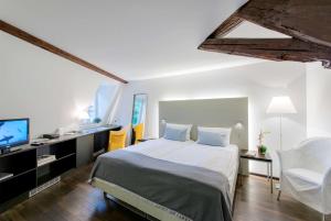 海德堡海德堡艺术酒店的一间卧室配有一张大床和电视