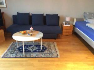 科隆Dachstudio mit Bad und Terasse的客厅配有蓝色的沙发和桌子