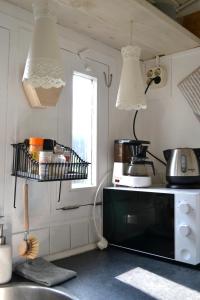 De PasPipowagen Lent的厨房配有微波炉和台面上的架子