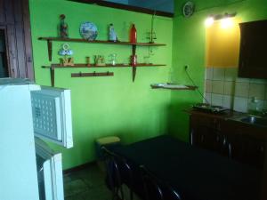 米洛帕莫斯Apartments in Mylopotamos的厨房配有桌子和绿色的墙壁