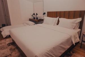 地拉那Hotel Theatro- City Center的卧室配有一张白色大床和木制床头板