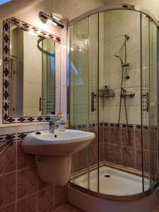 埃格尔Afrodite Apartmanház的一间带水槽和玻璃门淋浴的浴室
