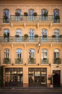 图卢兹阿尔伯特第一酒店的一座拥有许多窗户和植物的建筑