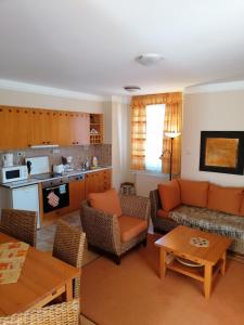 布克福尔多Daniella Apartman的带沙发和椅子的客厅以及厨房。