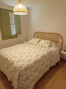 米拉韦特Cal Pigat的一间卧室配有一张床和一个吊灯