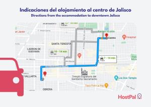 瓜达拉哈拉Hostal La Paz & Love Guadalajara的一张带有汽车和巴士的地图