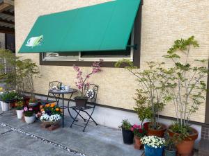别府森のカフェ的一张桌子,上面有绿色遮阳篷和一束植物