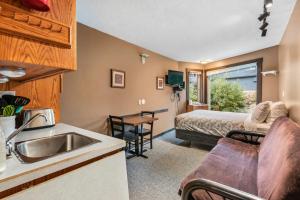 大白山Cozy Corner - Whitefoot Lodge 126的厨房以及带水槽和床的客厅。
