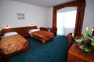 Hoczew蝾螈酒店的酒店客房设有两张床和窗户。