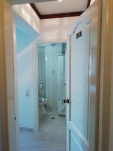 伊西翁Leonidas Hotel的带淋浴、卫生间和门的浴室