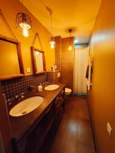 第戎La Chouette des Ducs, Appartement en Hypercentre的一间带两个盥洗盆和大镜子的浴室