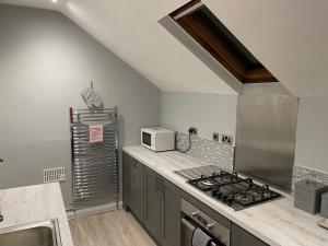马特洛克Danbury Lodge Penthouse的厨房配有炉灶和微波炉。