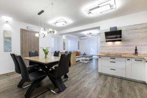 克拉尼斯卡戈拉Reset Apartments的厨房以及带桌椅的用餐室。