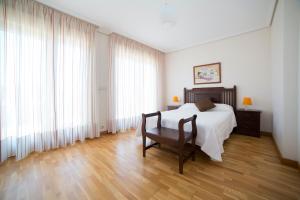 巴约讷Apartamentos Ría de Bayona的一间卧室配有一张床、一把椅子和窗户。
