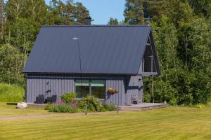 KullimaaPiesta Kuusikaru riverside cottage in Soomaa region的一间黑色屋顶的灰色小房子