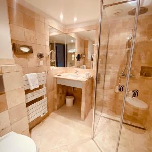 布尔邦巴斯蒂德·布尔邦酒店的一间带水槽和淋浴的浴室
