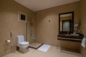 泰布克Enala Hotel - Tabuk的一间带卫生间、水槽和镜子的浴室