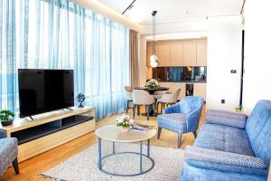 布德瓦Katamare Hotel的客厅配有蓝色的沙发和电视