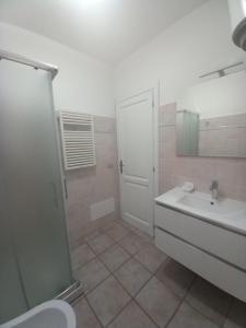 圣特奥多罗Appartamento Piano Terra Residence Geranium Beach的一间带水槽、卫生间和淋浴的浴室
